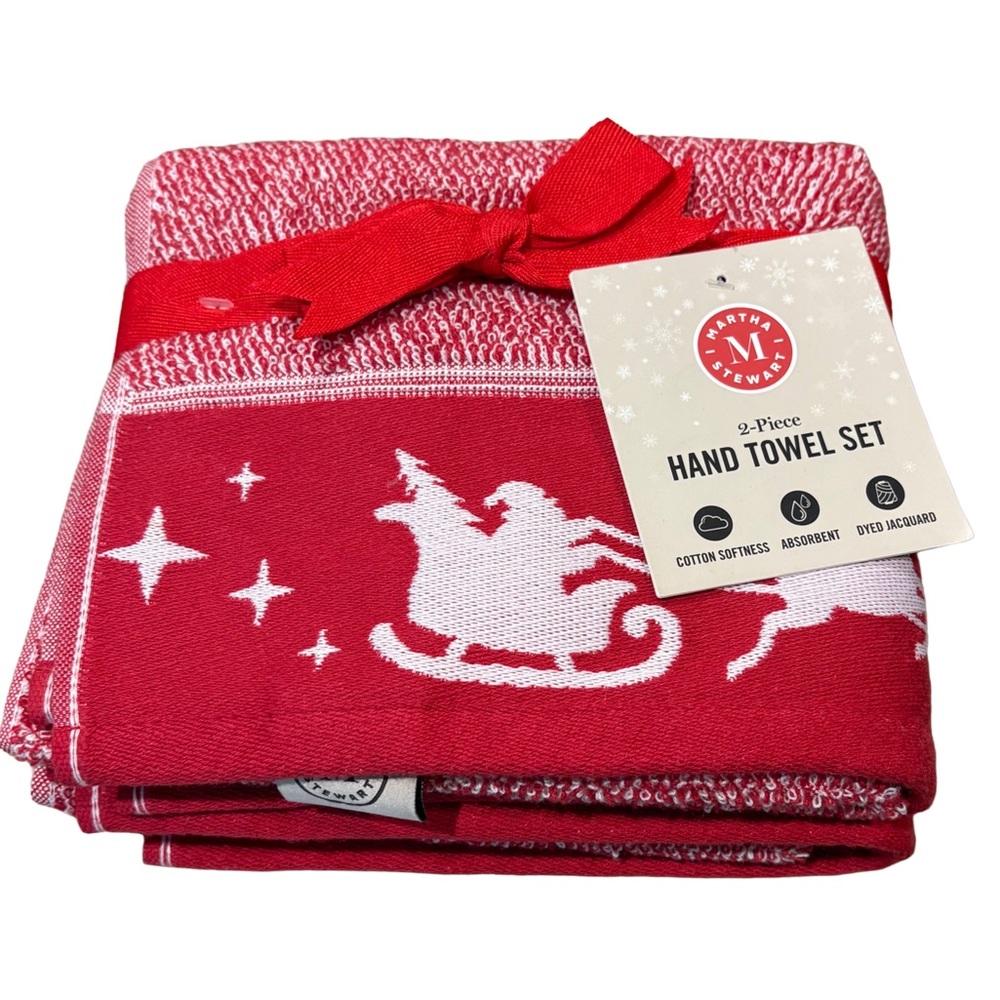 MARTHA STEWART NWT 2pc Santa & sled cotton Christmas hand towels red/white 16x28